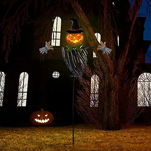 Lulu Home Halloween Yard Stake, 46.4" Solar Lighted Metal Pumpkin Head Scarecrow Stake, Outdoor Decoration Garden Lawn Driveway Yard Sign for Halloween
