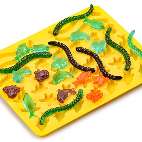 Gummy Bear Mold Candy Molds - Chocolate Molds Including Bears, Frogs, Lions, Monkeys, Penguins, Worms, Starfishs, Dolphins, Octopus, Sharks Sea Mold BPA Free Set of 4 Silicone Molds