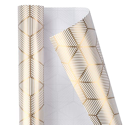 MAYPLUSS Wrapping Paper Roll for Birthday - Mini Roll - 17 inch X 120 inch Per roll - White & Gold Foil Design (42.3 sq.ft.ttl)