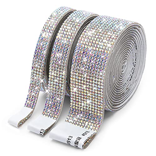 3 Rolls 6.6 Yards Self-Adhesive Crystal Rhinestone Diamond Ribbon - DIY Diamond Ribbon Stickers with 2 mm Rhinestones for Arts Crafts,Bling Ribbon Rolls for Vases,Car,Wedding Cake Decoration(AB Color)