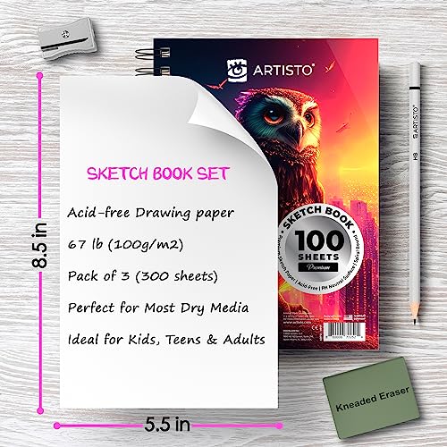 ARTISTO 5.5X8.5” Premium Sketch Book Set, Pack of 3 (300 Sheets), 68lb (100g/m2), Spiral Bound, Acid-Free Drawing Paper, Perfect for Most Dry Media