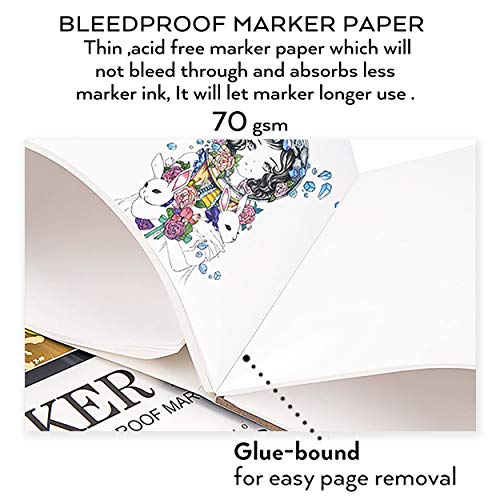 Bianyo Bleedproof Marker Paper Pad, A4(8.27"X11.69"), 50 Sheets, 18 LB / 70 GSM, Glue-Bound, 100% Cotton, White, Ideal for Use with Markers and Ink Mediums