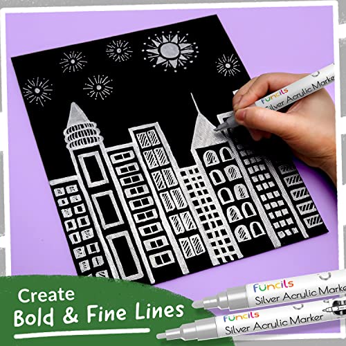 Funcils 5 Acrylic Silver Paint Pen - Silver Marker Metallic Paint Pens for Fabric, Wood, Canvas, Leaf, Metal, Glass - Silver Paint Pen Fine Tip, Thin Point & Jumbo (1mm, 3mm, 6mm, 10mm, 15mm)
