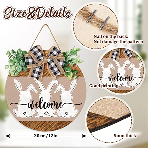 Whaline Easter Wooden Hanging Sign Bunny Rabbit Welcome Sign Door Decoration with Bow Rustic Easter Wood Wreath Sign for Easter Spring Holiday Home Coffee Shop Bakery Farmhouse Window