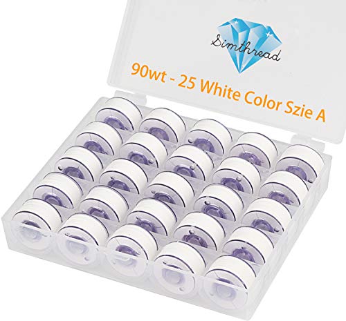 Simthread 25pcs 90WT White Prewound Bobbin Thread Size A Class 15 (SA156) with Clear Storage Plastic Case Box 60S/2 for Brother Embroidery Thread Sewing Thread Machine DIY