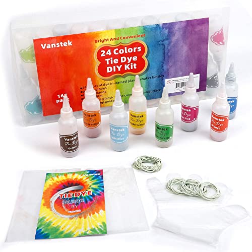 Vanstek Tie Dye Kit, 24 Colors Tie Dye Shirt DIY Fabric Dye for Women, Kids, Men, with Rubber Bands, Gloves, Plastic Film and Table Covers for Family Friends Group Party Supplies