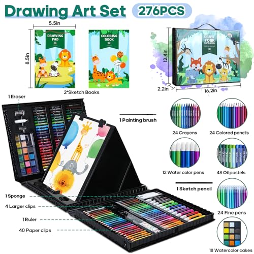 Art Supplies Kit, 276 PCS Art Set for Kids, Art Kits, Art Drawing Kit with Double Sided Trifold Easel Box with Oil Pastels, Crayons, Colored Pencils, Paint Brush, Watercolor Cakes