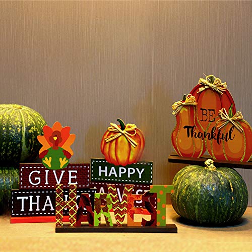 MorTime 4 Pack Thanksgiving Themed Table Centerpiece Signs, Wood Pumpkin Table Decor Harvest Autumn Glittery Pumpkins Table Topper for Home Office Thanksgiving Decorations
