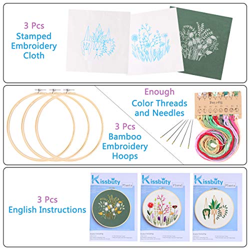 3 Pack Embroidery Starter Kit with Pattern, Kissbuty Full Range of Stamped Embroidery Kit Including Embroidery Fabric with Pattern, Bamboo Embroidery Hoops, Color Threads and Tools Kit (Floral Plants)