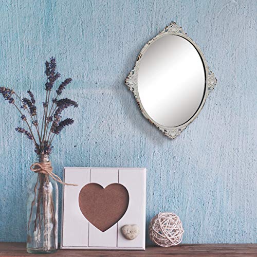 Stonebriar Decorative 11.7" x 10" Oval Antique White Metal Accent Wall Mirror with Attached Hanger, Country Rustic Decor for the Living Room, Bedroom, Bathroom, Hallway, and Entryway