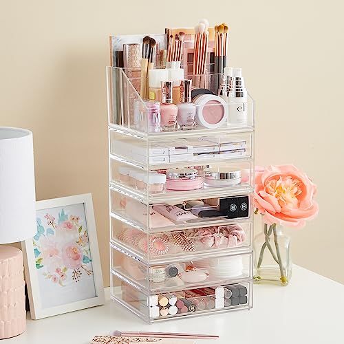 STORi Chloe Stackable Clear Makeup Holder and Double Organizer Drawer Set | Organize Cosmetics and Beauty Supplies | Made in USA