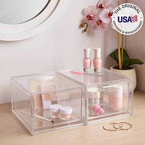 STORi Audrey Stackable Clear Bin Plastic Organizer Drawers | 2 Piece Set | Organize Cosmetics and Beauty Supplies on a Vanity | Made in USA