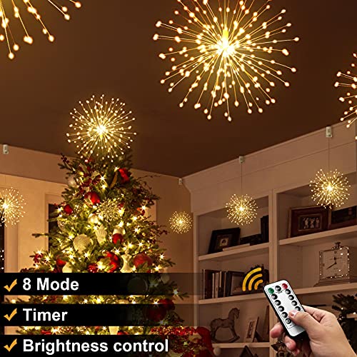 DenicMic Firework Lights 4 Pack Starburst Lights 120 LED 8 Mode Battery Operated Chandelier Star Lights with Remote, Hanging Christmas Decorations Indoor