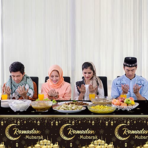 3pcs Ramadan Mubarak Tablecloths Eid Mubarak Party Table Decorations Ramadan Kareem Party Decorations Supplies Black and Golden Rectangle Table Cover for Eid Al-fitr Dinning Room Party Favors