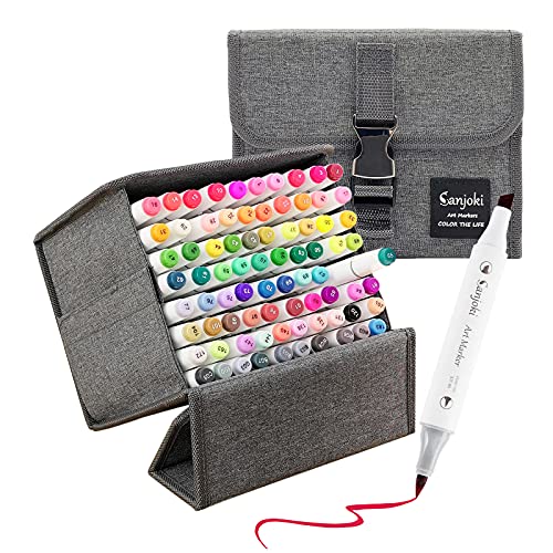 SANJOKI Alcohol Brush Markers 80 colors,Brush & Chisel Dual Tip Permanent Artist Sketch Marker Pens,with Carrying Case and Sketchbook
