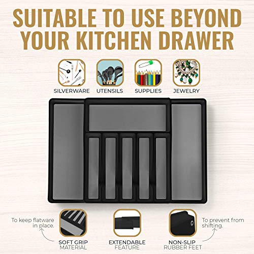 ELTOW Expandable Silverware Drawer Organizer, 8 Compartment Non-Slip & Adjustable Silverware Trays For Kitchen Drawers, Kitchen Organization for Utensils, Cutlery, Flatware Storage - Black