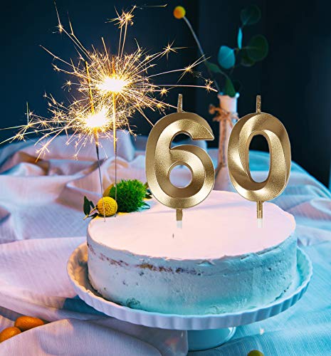 Bailym 60th Birthday Candles,Gold Number 60 Cake Topper for Birthday Decorations Party Decoration