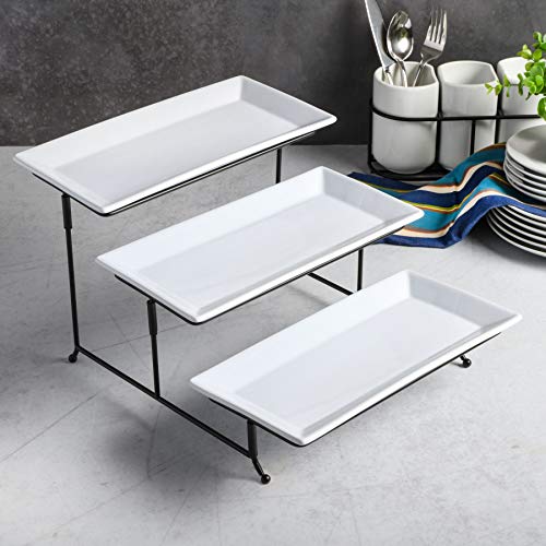 Gibson Home Gracious Dining Dinnerware, 3-Tier Rectangle Plate Set with Metal Stand, White