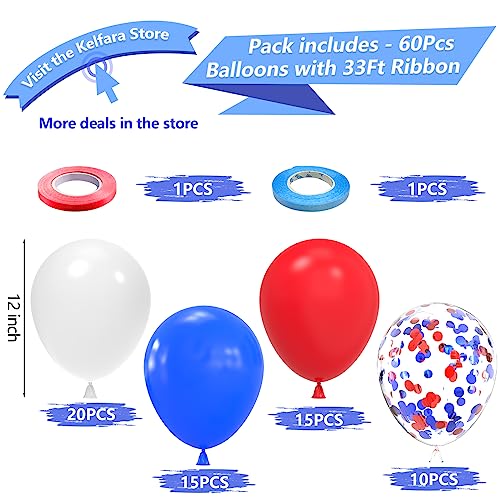 Kelfara Red White and Blue Balloons 60Pcs 12inch Latex Balloon with Confetti Balloon for Independence Day Veterans Memorial Patriotic 4th of July Anniversary Birthday Party Decoration