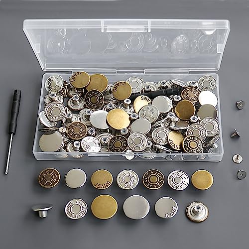 60 Sets Jean Buttons Pins, 17mm and 20mm No-Sew Removable Metal Buttons for Jeans, Jean Button Replacement Repair Combo Rivets and Screwdrivers in Storage Box, Women and Men's Jeans Clothing Supplies