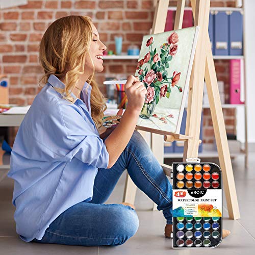 AROIC Watercolor Paint Set, with a Watercolor Paint, 48 Color, a Brush and a Refillable Water Brush Pen. The Best Gift for Beginners, Children and Art Lovers.