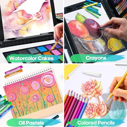 Art Supplies Kit, 276 PCS Art Set for Kids, Art Kits, Art Drawing Kit with Double Sided Trifold Easel Box with Oil Pastels, Crayons, Colored Pencils, Paint Brush, Watercolor Cakes