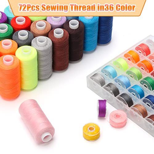 WIWAPLEX 72Pcs Bobbins Sewing Thread Kits, 437 Yards Per Thread Spools, Prewound Bobbin with Case 36 Colors Sewing Supplies for Hand & Machine Sewing, Emergency and Travel, DIY and Home