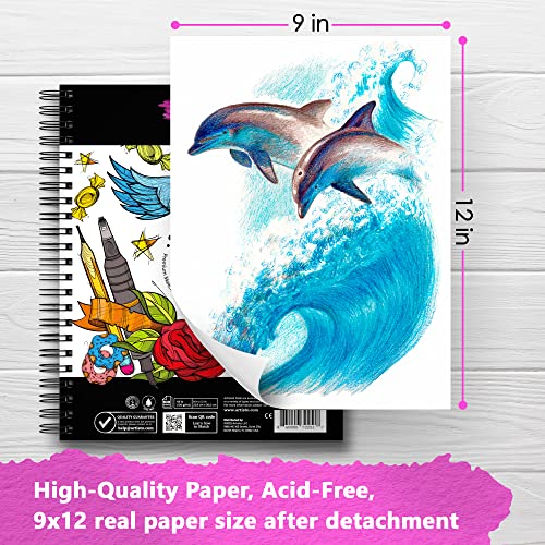 Artisto 9x12" Premium Sketch Book Set, Spiral Bound, Pack of 2, 200 Sheets (100g/m2), Acid-Free Drawing Paper, Ideal for Kids, Teens & Adults.