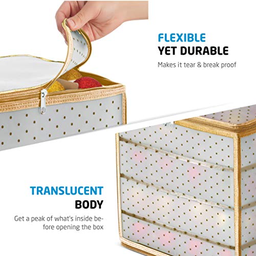 Plastic Christmas Ornament Storage Box with 2 Sided Dual Zipper Closure - Keeps 64 Holiday Ornaments, Xmas Decorations Accessories, 3" Cube Compartments - Sturdy Flexible Plastic (Gold)