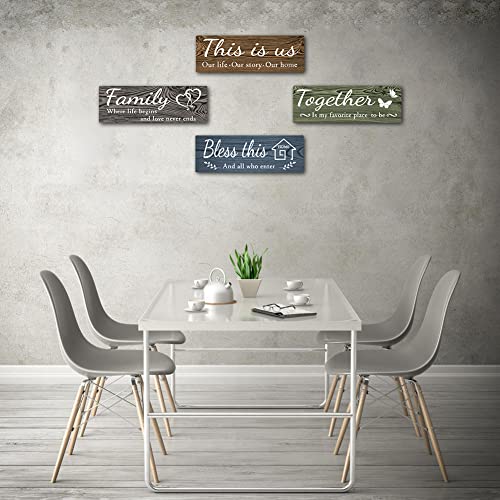 4 Pieces Home Wall Decor Signs, This is Us/ Together/ Bless this/ Family Rustic Wooden Wall Art with Quotes for Living Room Bedroom Kitchen Farmhouse Decor,Housewarming Gifts (Brown Green Grey Blue,