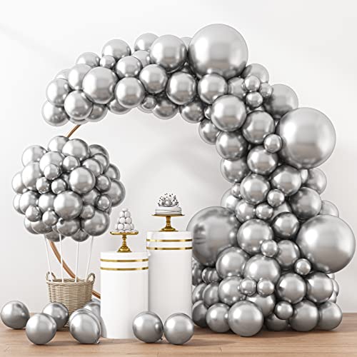 RUBFAC 129pcs Metallic Silver Balloons Latex Balloons Different Sizes 18 12 10 5 Inches Party Balloon Kit for Birthday Party Graduation Baby Shower Wedding Holiday Easter Decoration