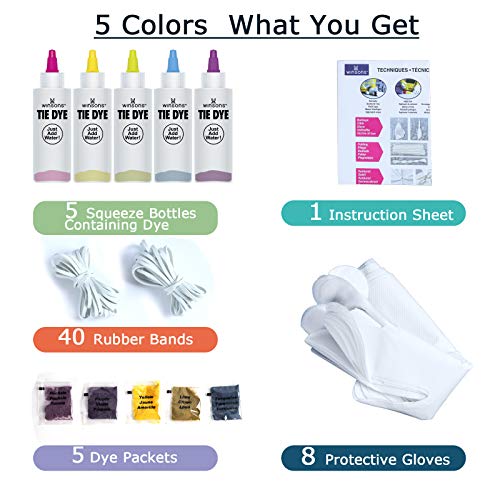 WINSONS Tie Dye Kit 5 Colors Permanent Fabric Dye Art Set for Kids Adults for School, Homemade Party, Creative Groups Activities, DIY Gift
