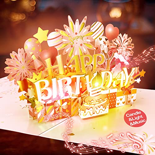 INPHER Musical Birthday Card 3D Pop Up with Light Blow Out LED Candle and Plays Happy Birthday Music Surprise Greeting Cards Gifts for Women Rose Gold