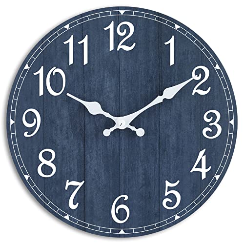 HYLANDA Wall Clock, 10 Inch Wall Clocks Battery Operated Silent Non Ticking, Round Wooden Rustic Clocks Decor for Kitchen, Bathroom, Living Room, Home, Bedrooms, Office (Navy Blue)