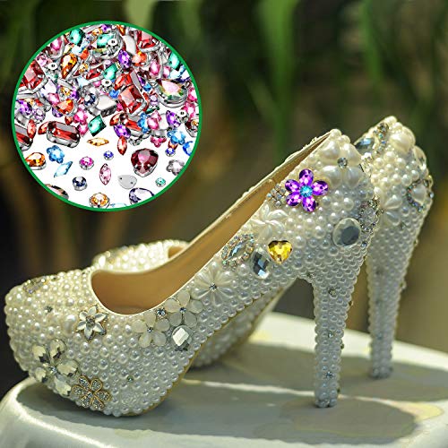 WILLBOND 320 Pieces Sew on Rhinestone Glass Crystals Acrylic Gems with Hole Silver Prong Setting Flatback Claw Mix Shape Mix Size for DIY Crafts Dress Clothes Shoes Bag Decorations