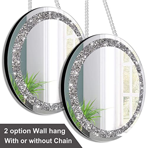 QMDECOR Crystal Crush Diamond Silver Mirror 2 Pack Diameter 12inch Round Shape with Iron Chain Real Glass Mirror for Wall Decor