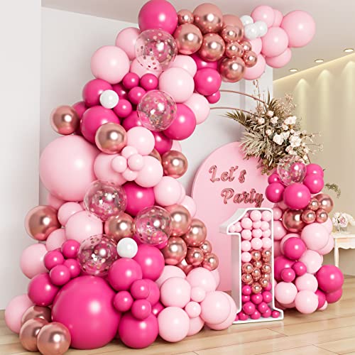 DBKL 138pcs Pink Balloon Garland Arch Kit with Different Size Hot Pink White Metallic Rose Gold Confetti Balloons for Birthday Princess Theme Baby Shower Wedding Valentine's Party Decorations