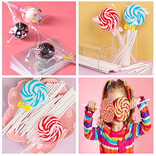 Big Size Lollipop Cake Pop Treat Bag Set Including 100pcs Parcel Bags, 100pcs Papery Treat Sticks, 100pcs Colorful Metallic Twist Ties for Making Lollipops, Cake Pops, Candies, Chocolates and Cookies