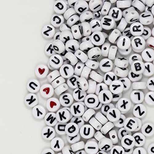 WangLaap 1450Pcs Letter Beads, Acrylic 4x7mm Round Letter Beads Kits, Alphabet Beads A-Z and Red Heart Black Star Beads for Bracelets Necklaces DIY Jewelry Making (White)