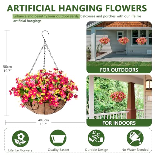 Homsunny Artificial Hanging Flowers Basket,Fake Daisy Flowers,4 Branches Artificial Hanging Plants in 12 Inch Basket for Outdoor Garden Yard Pouch Patio Indoor Home Decoration (Pink)