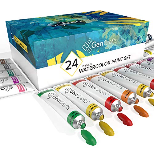 GenCrafts Watercolor Paint 24 Colors Set 12ml/ 0.4oz. - Quality Non Toxic Pigment Paints for Canvas, Fabric, Crafts, and More