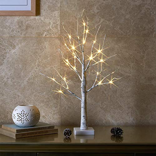 EAMBRITE Tabletop Tree Christmas Decorations, Mini Birch Tree with Lights, 24 LED Lighted Money Tree White Twig Tree Battery Operated with Timer, Home Centerpiece, Indoor Decor(2FT/Warm White)