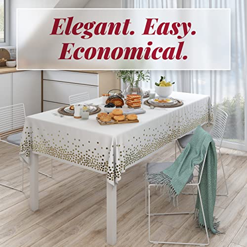Prestee White/Gold Tablecloths, 4pk, 54"x108" - Gold Dot Disposable Tablecloths - Plastic Table Cloth Disposable - White Tablecloths - BBQ, Party, Fine Dining, Wedding, Communion, Baptism Decorations