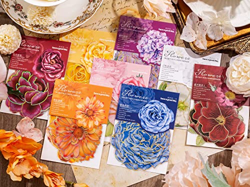 Knaid 80 Pieces Large Size Flower Stickers with Gold Holographic Outlines, Glitter Shiny Floral Waterproof Decorative Decals for Scrapbooking Supplies Junk Journal Bullet Journals Planners