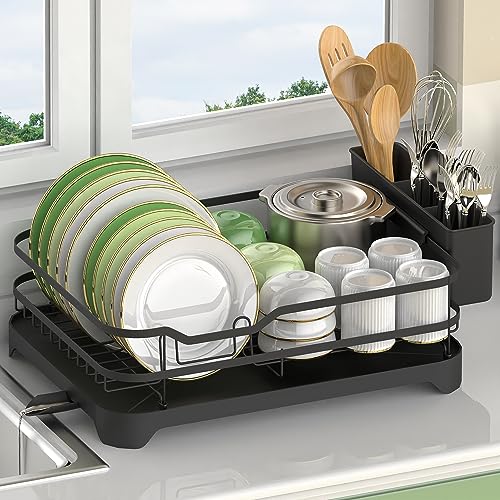ROTTOGOON Dish Drying Rack, Stainless Steel Rustproof Dish Rack for Kitchen Counter, Durable Dish Drainer with Drainboard, Drainage, Utensil Holder for Various Kitchenware, 16.9"(L) x 12.2"(W), Black