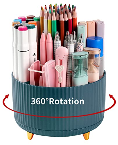 Desk Pencil Pen Holder, 5 Slots 360°Degree Rotating Pencil Pen Organizers for Desk, Desktop Storage Stationery Supplies Organizer, Cute Pencil Cup Pot for Office, School, Home, Art Supply, Dark Green