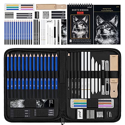 Prina 50 Pack Drawing Set Sketch Kit, Pro Art Sketching Supplies with 3-Color Sketchbook, Graphite, and Charcoal Pencils for Artists Adults Teens Beginner Kid, Ideal for Shading, Blending