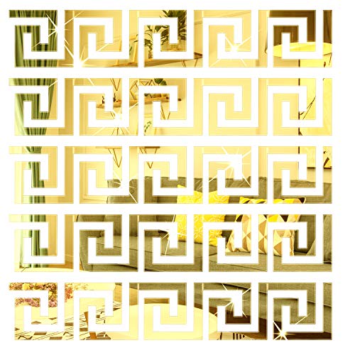 SelfTek 30Pcs Acrylic Mirror Wall Stickers Mirror Decals Peel and Stick Mirror Tiles Border DIY Adhesive Wall Decor Stickers for Living Room Home Background Decor (Gold)