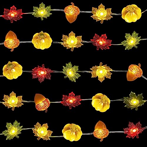 KAiSnova Thanksgiving Lights 10FT 30 LED Fall Lights 3D Pumpkin Maple Leaf Acorn Battery Operated String Lights Halloween Decorations Indoor Fall Decorations for Home Garland Party Autumn