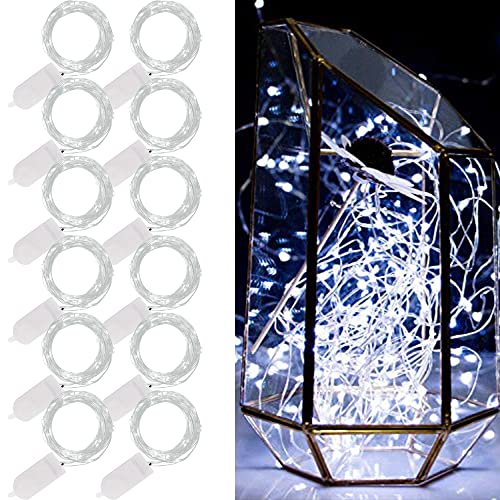 WATERGLIDE 12 Pack Fairy Lights Battery Operated (Included), 6.5ft 20 LED Mini String Lights, Waterproof Silver Wire Firefly Starry Lights for DIY Wedding Christmas Party Mason Jars Decor, Cool White